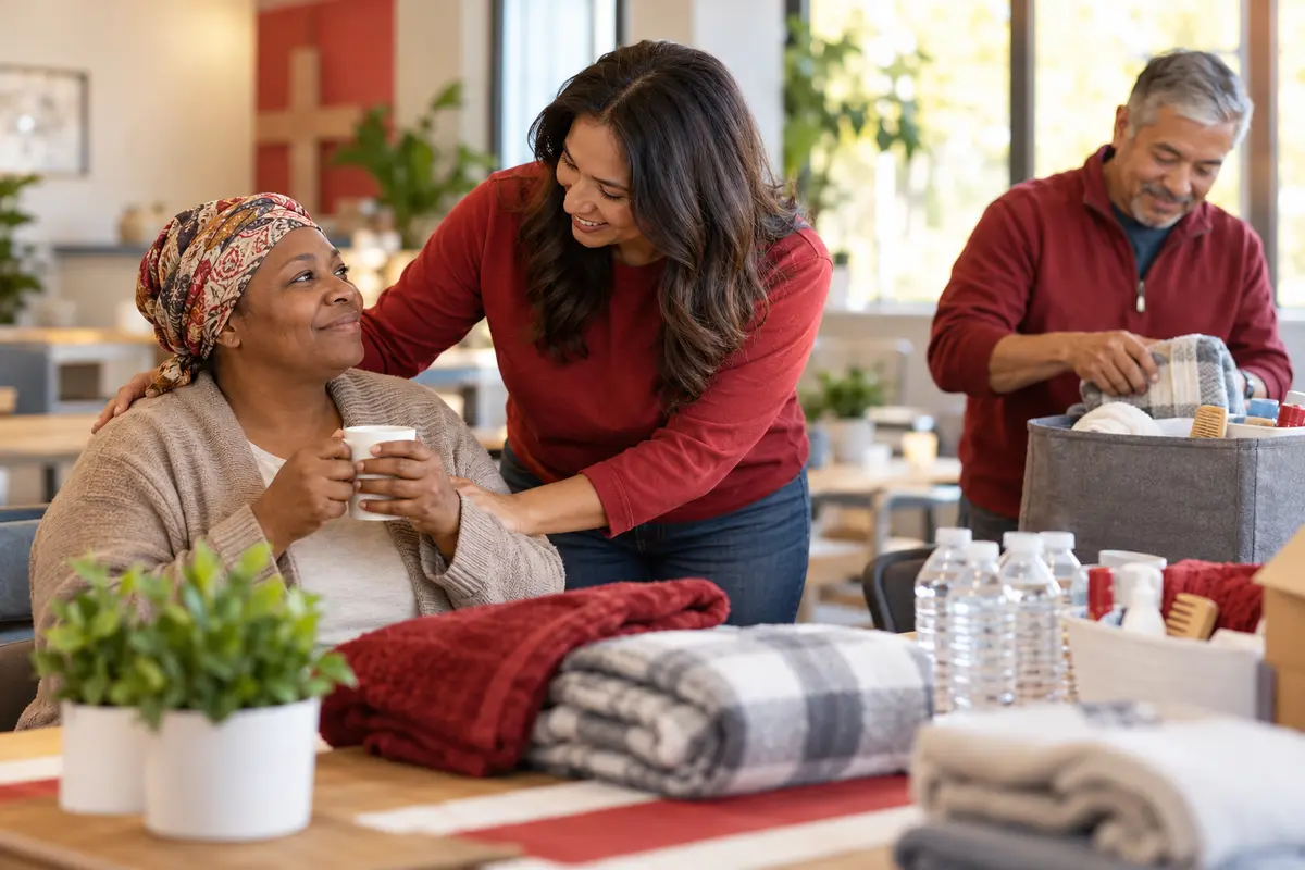 A volunteer offering compassionate support and practical care supplies