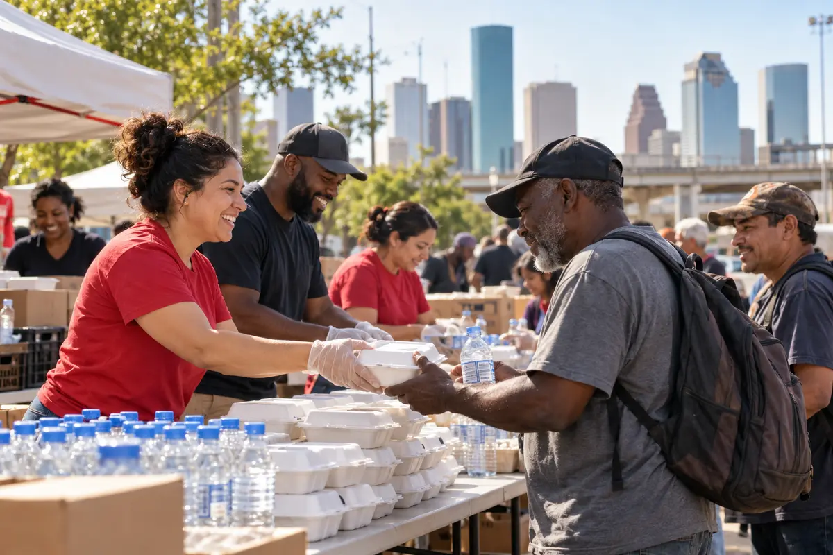 Volunteers sharing meals and water with Houston neighbors